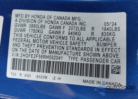 2024 Honda Civic Sport z USA, uszkodzony, nr VIN 2HGFE2F56RH592041